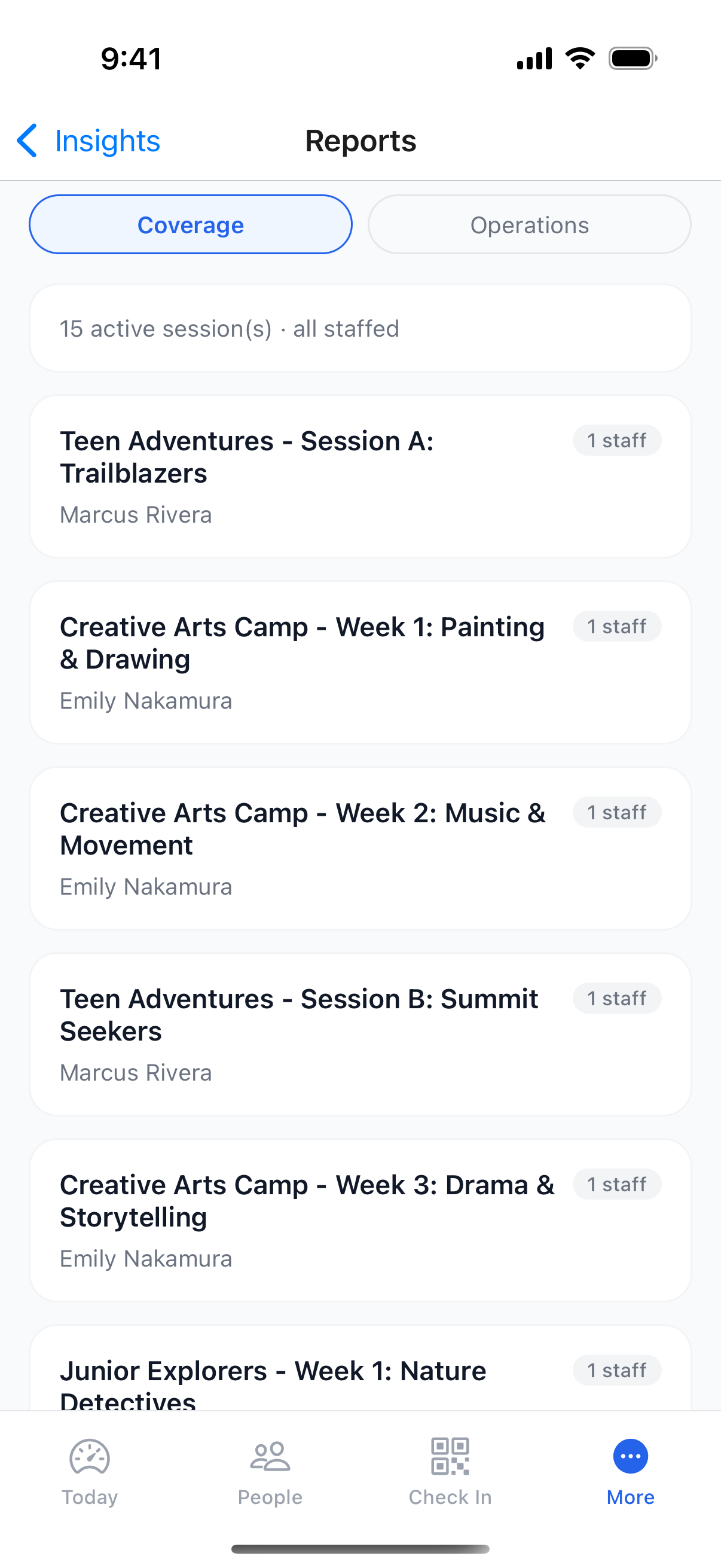 Coverage and operations reports in the SummerBoss staff app