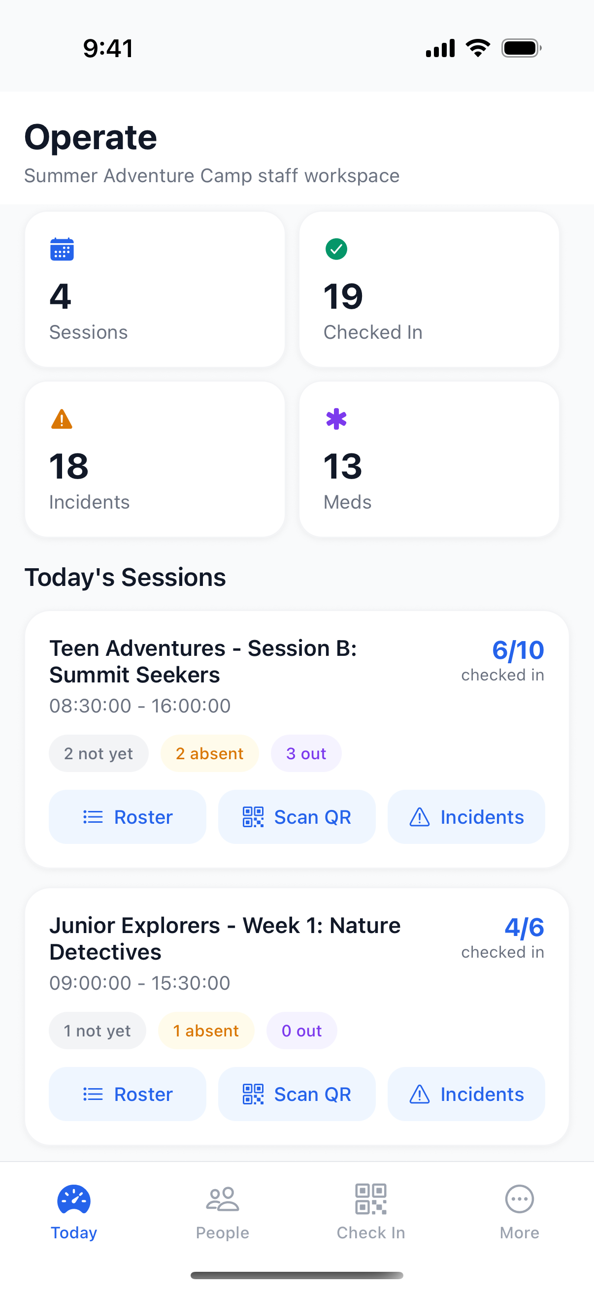 The director's Operate dashboard across every session in the SummerBoss app