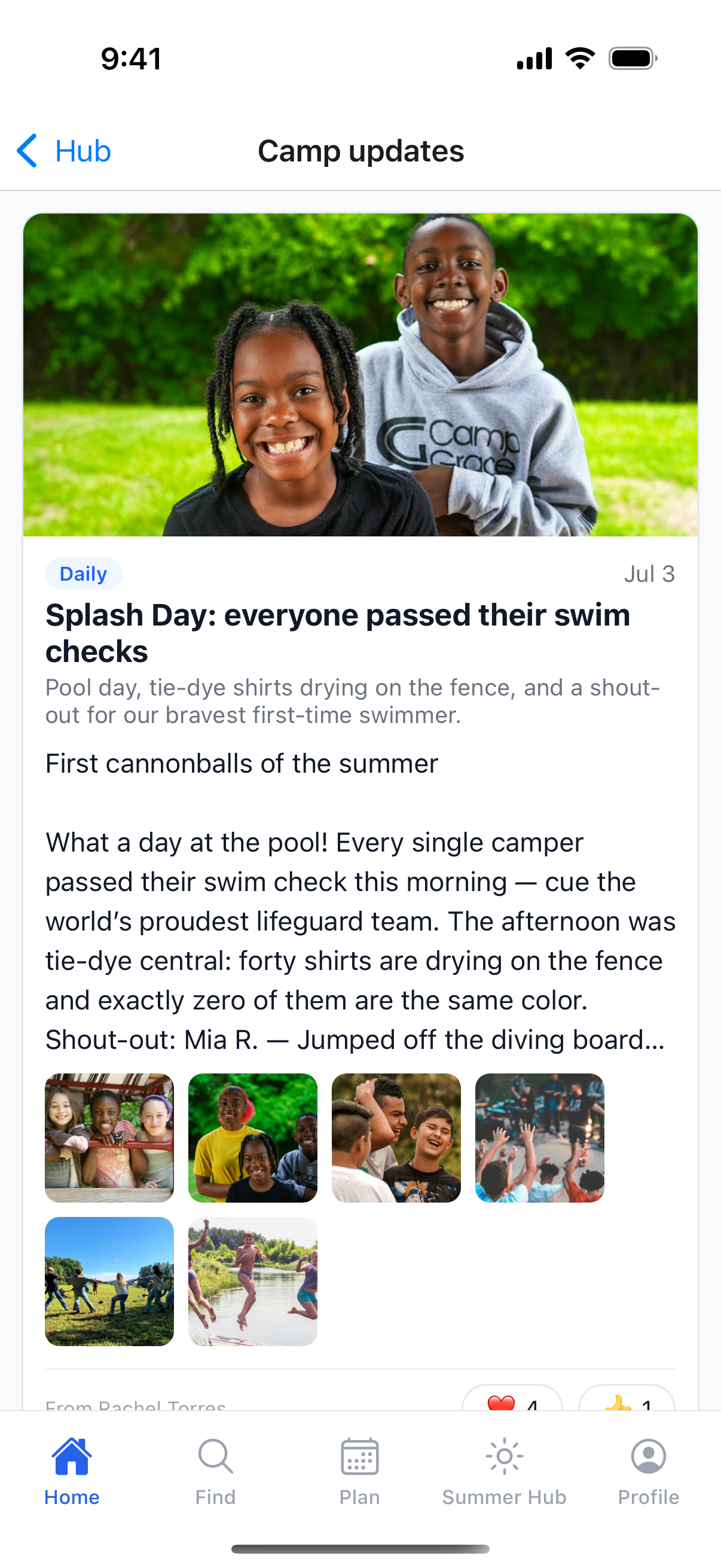 The camp updates feed in the SummerBoss parent app