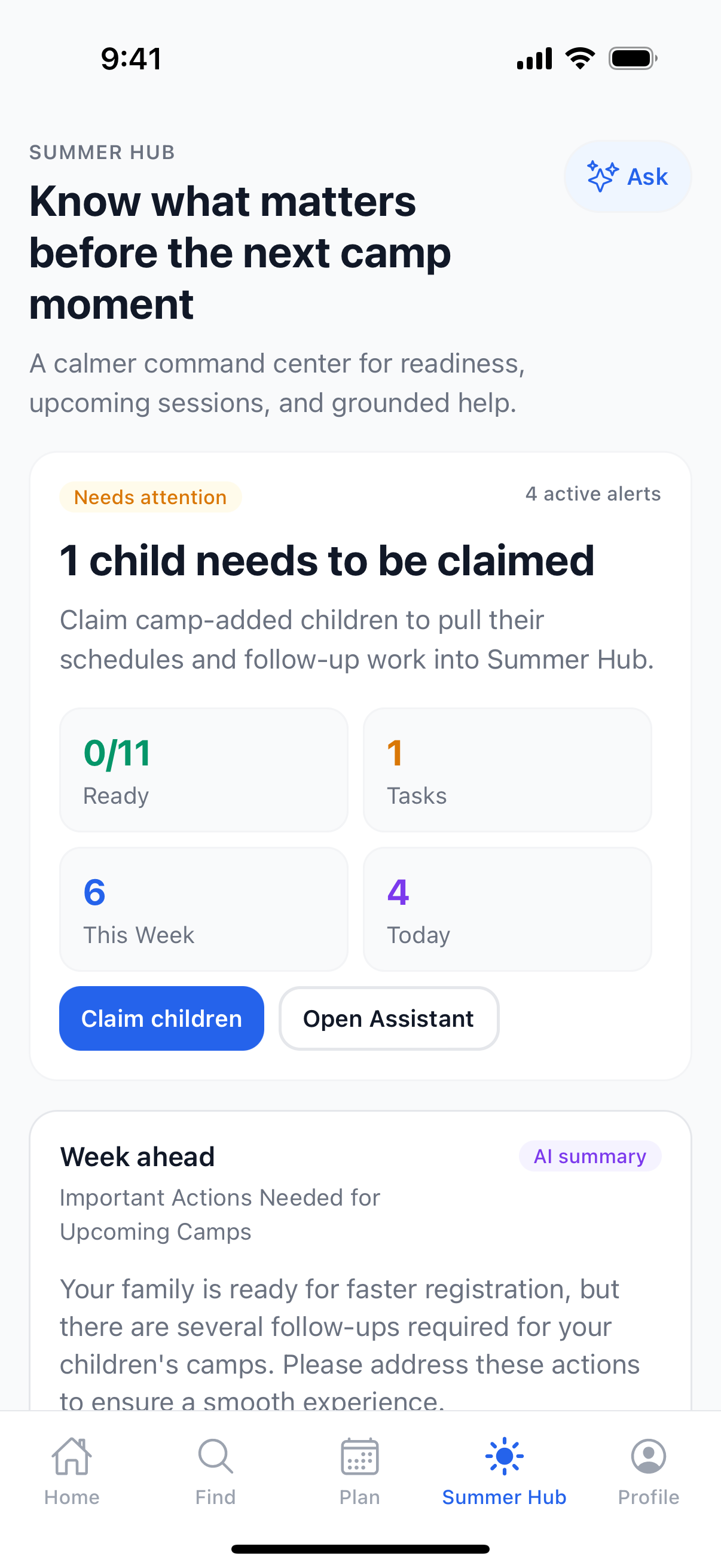 The parent Summer Hub home screen in the SummerBoss app