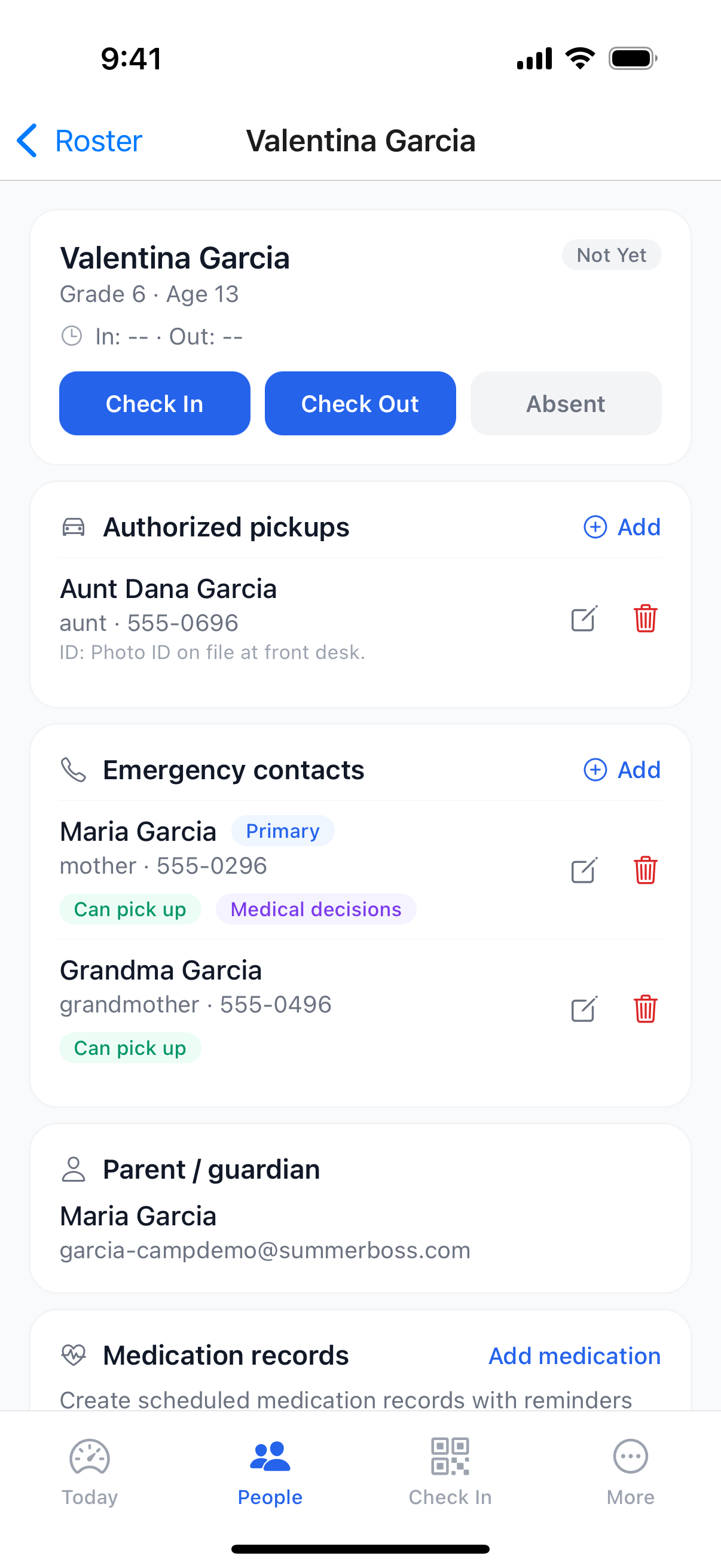A camper’s full picture in one tap: allergies, meds, emergency contacts, and who’s cleared for pickup.