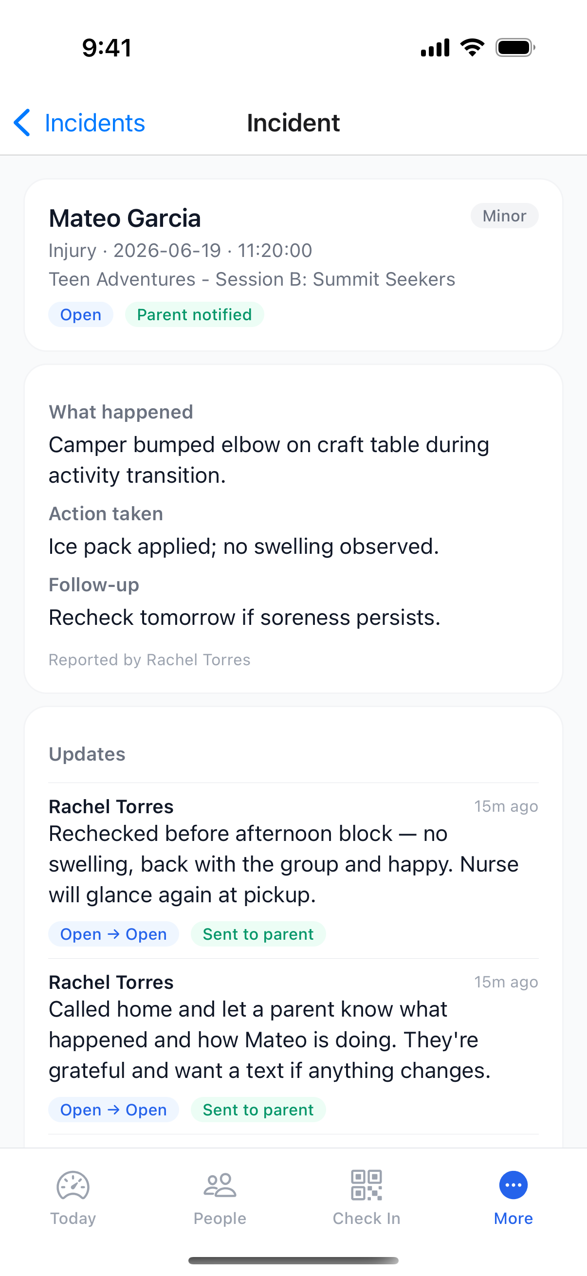 An incident with its update timeline in the SummerBoss staff app