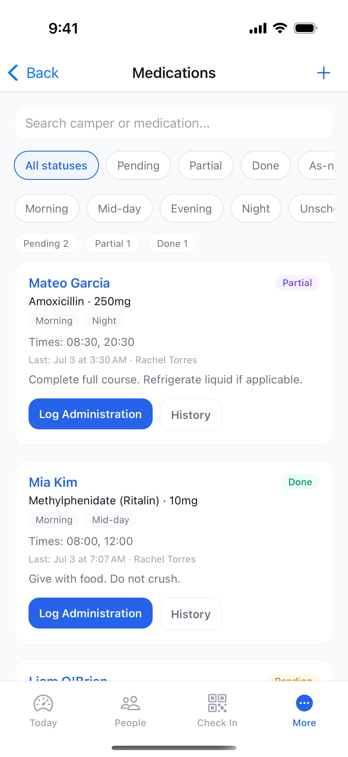 Log the noon doses right at the med station. Reminders, times, and a history trail, no paper MAR.