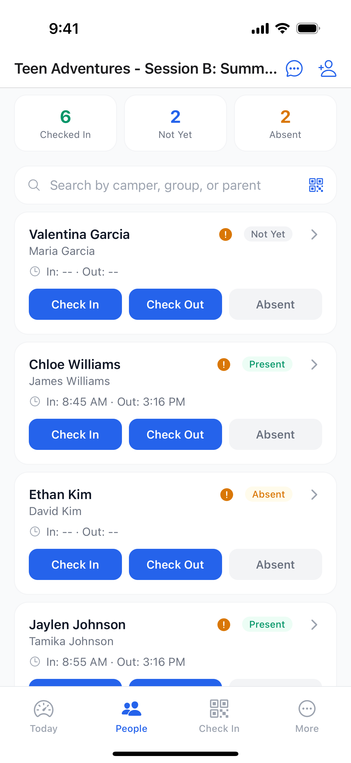 A counselor's live session roster with attendance in the SummerBoss app