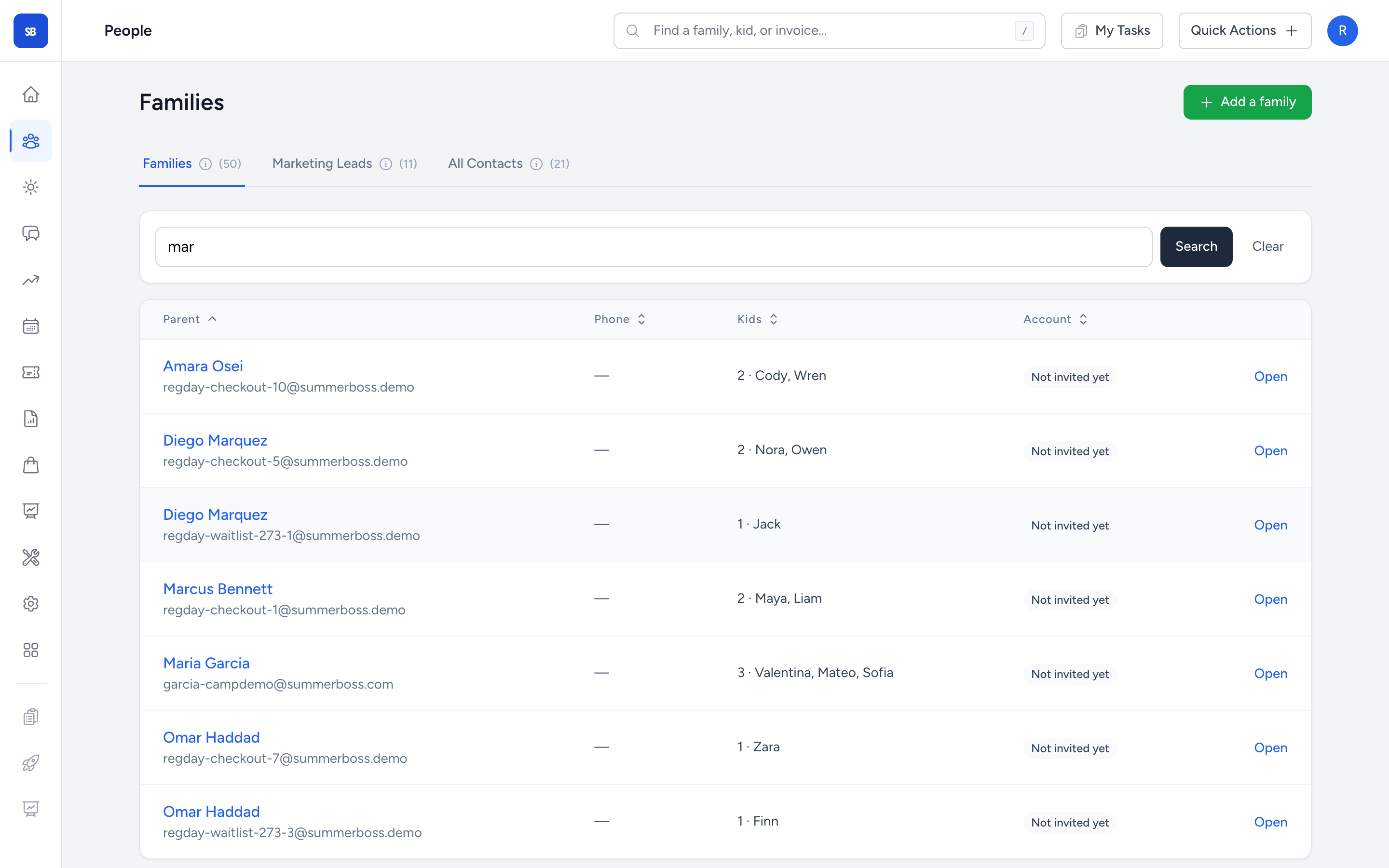 The family CRM mid-search, showing live household results
