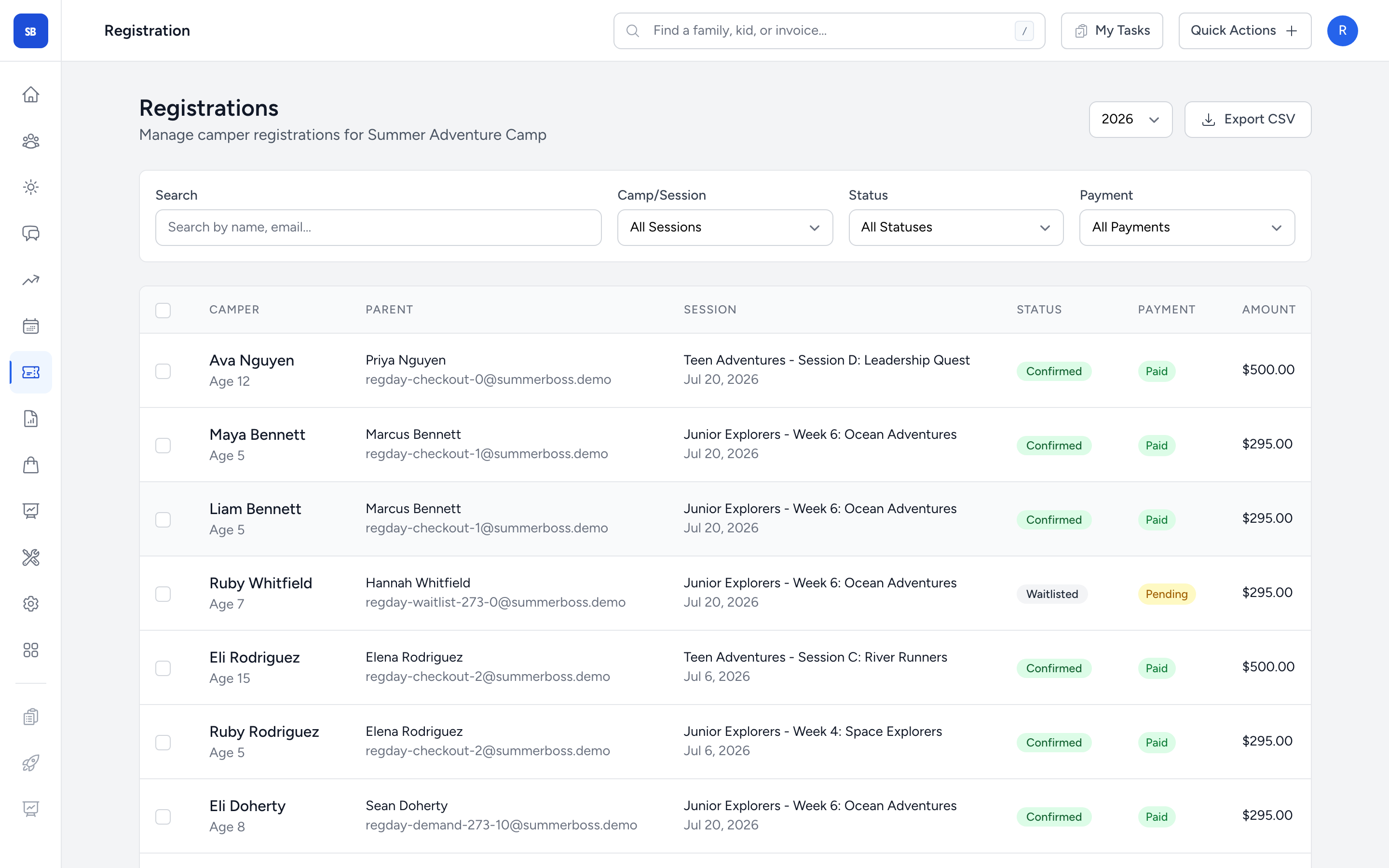 Registration & Payments screen in SummerBoss
