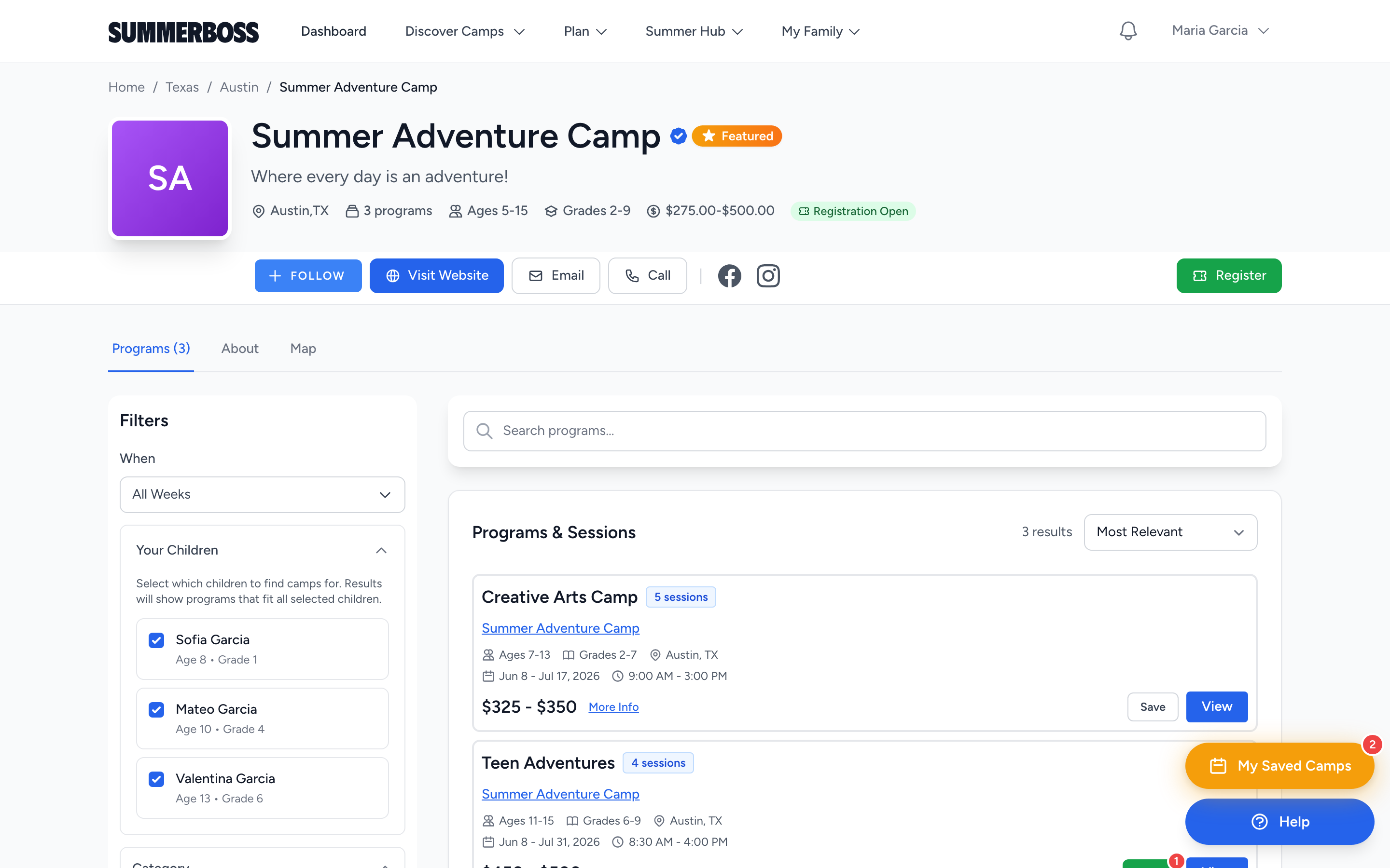 A camp organization's public profile page with programs and sessions