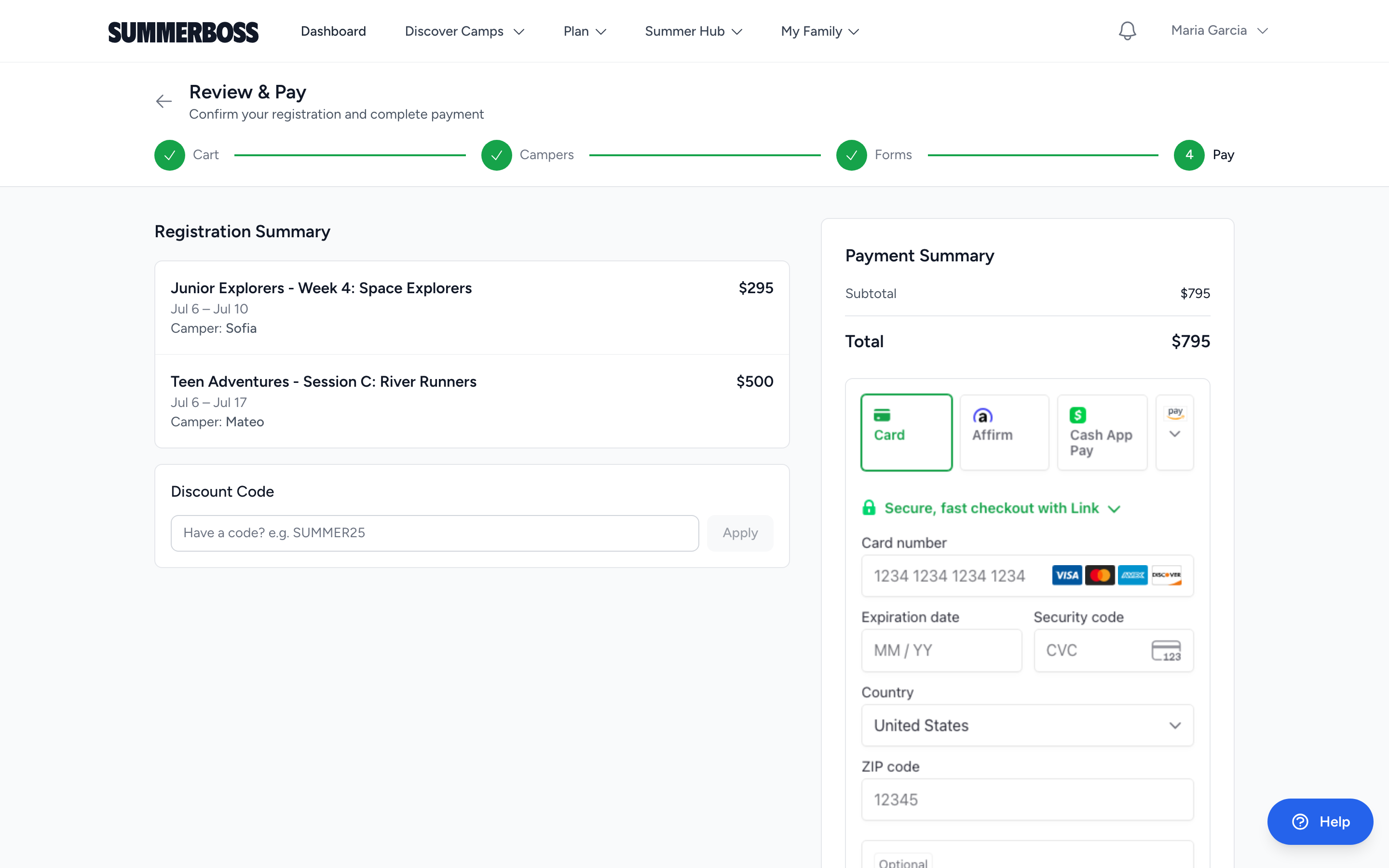 Payment plans, discounts, and forms on a single review screen.